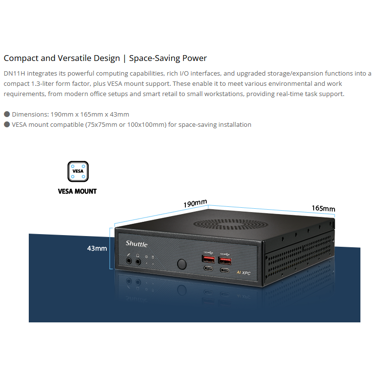 Shuttle AI XPC DN11H7 Intel Core Ultra 7 155H DDR5 M.2 Slim Computer Barebone Mini PC