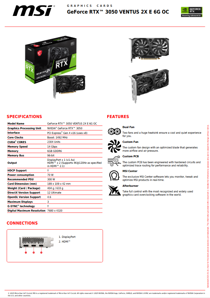 MSI NVIDIA GeForce RTX 3050 VENTUS 2X E 6G OC | 6GB GDDR6 | 8K UHD 7680 x 4320 | Graphics Card