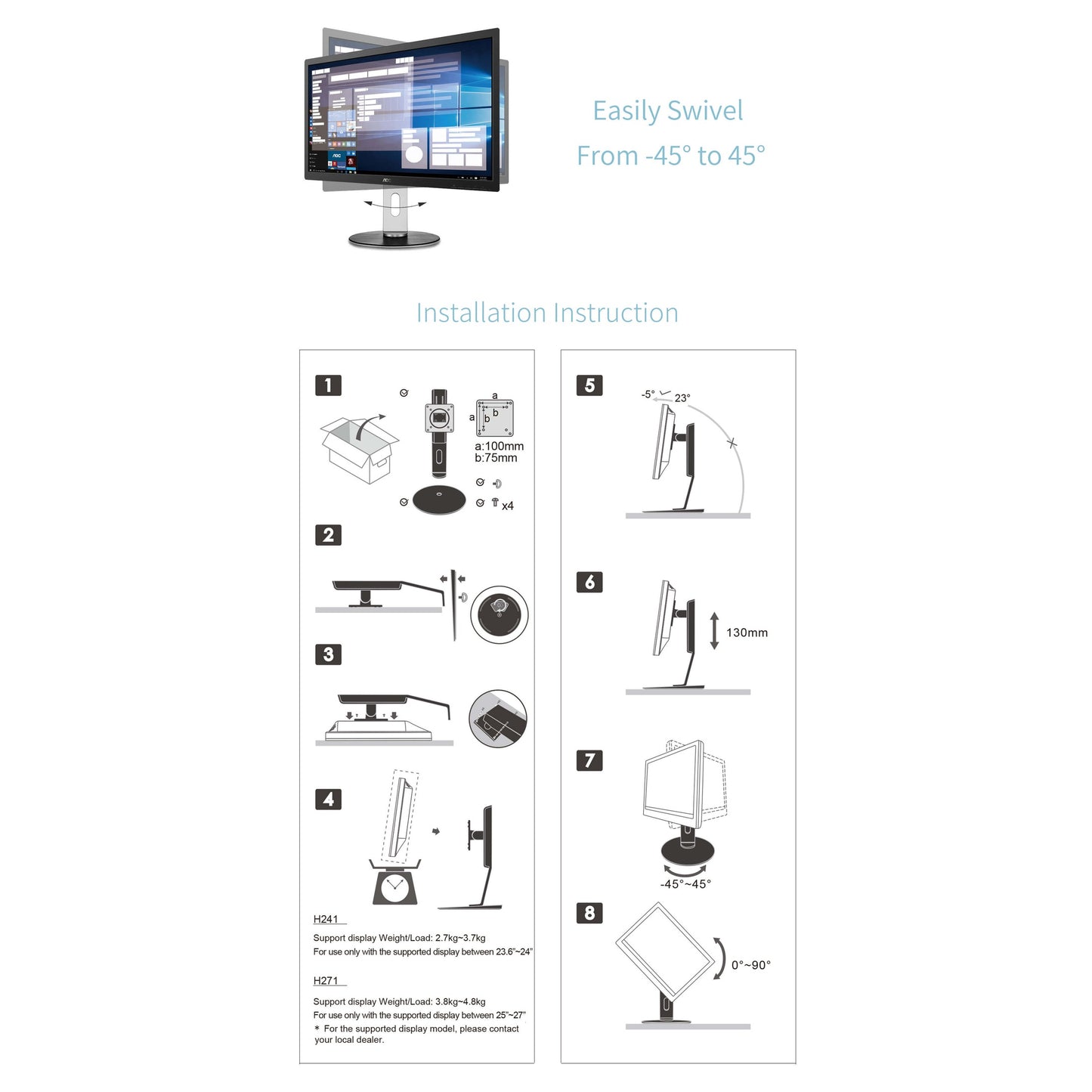 AOC H271 25"-27" LCD Height Adjust Monitor Stand | 75mm & 100mm VESA