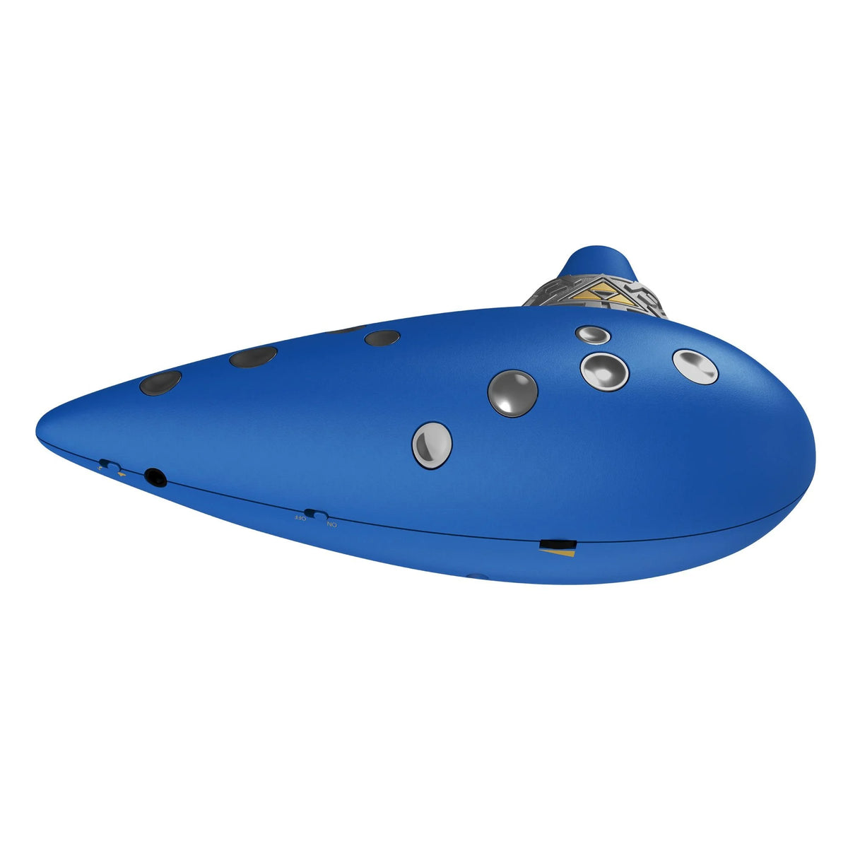 Side profile of Hori electric ocarina highlighting silver finger holes and Triforce neck ring