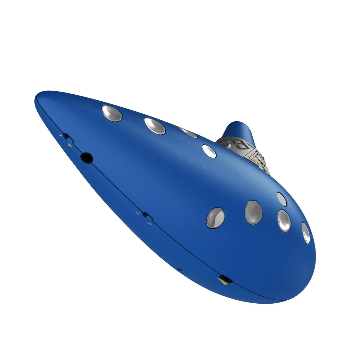 Bottom view of blue Hori Ocarina controller displaying ports and control switches