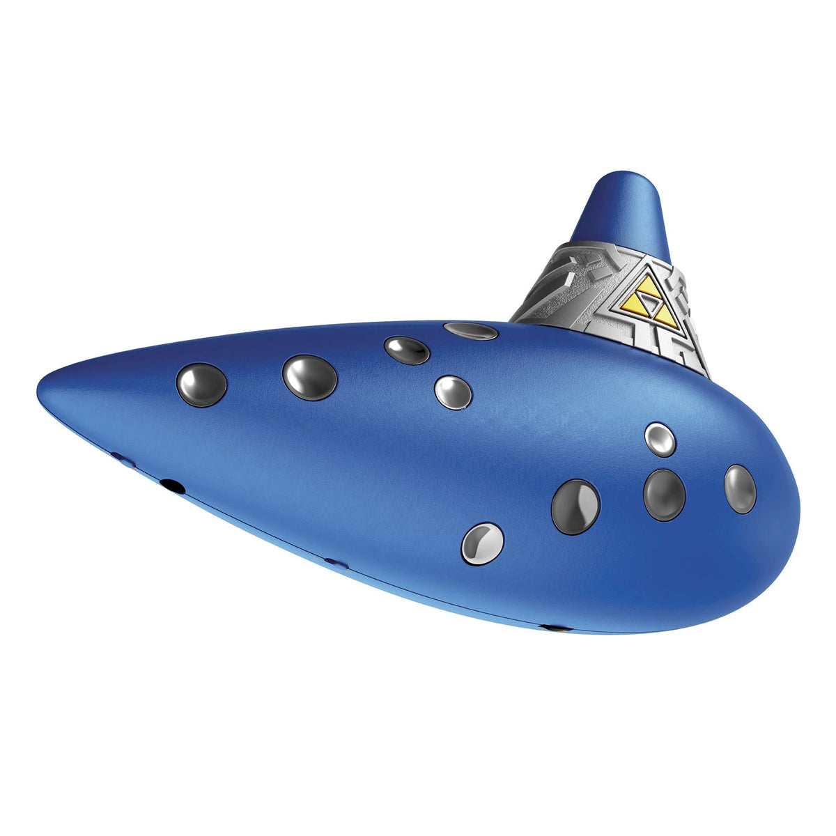 Side profile of blue Hori Ocarina controller showing silver buttons and Triforce emblem