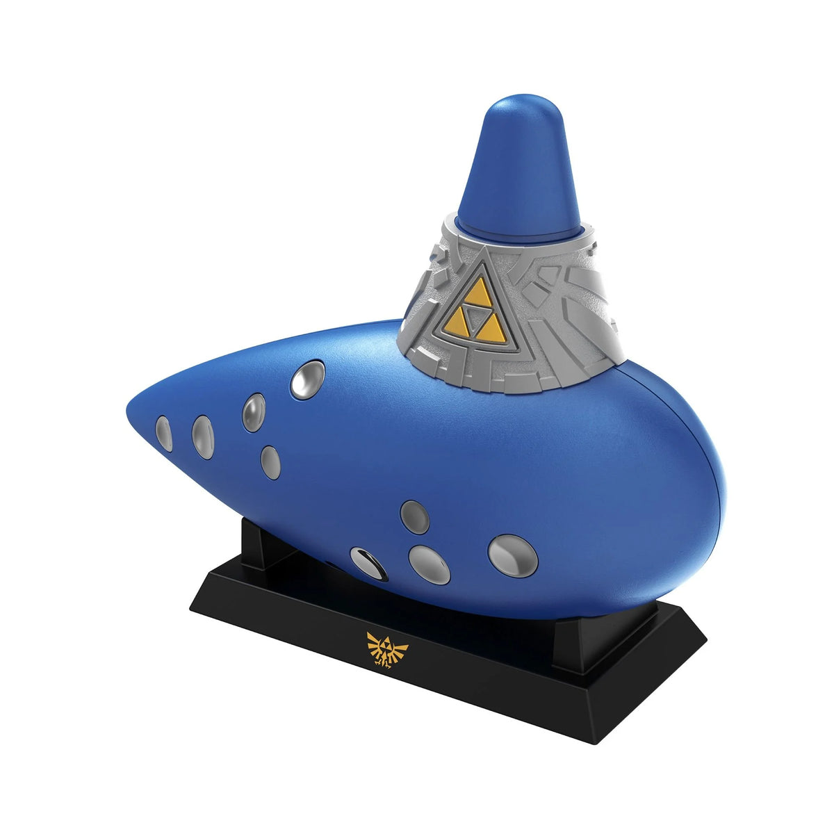 Blue electric ocarina on display stand showing silver finger holes and Triforce collar