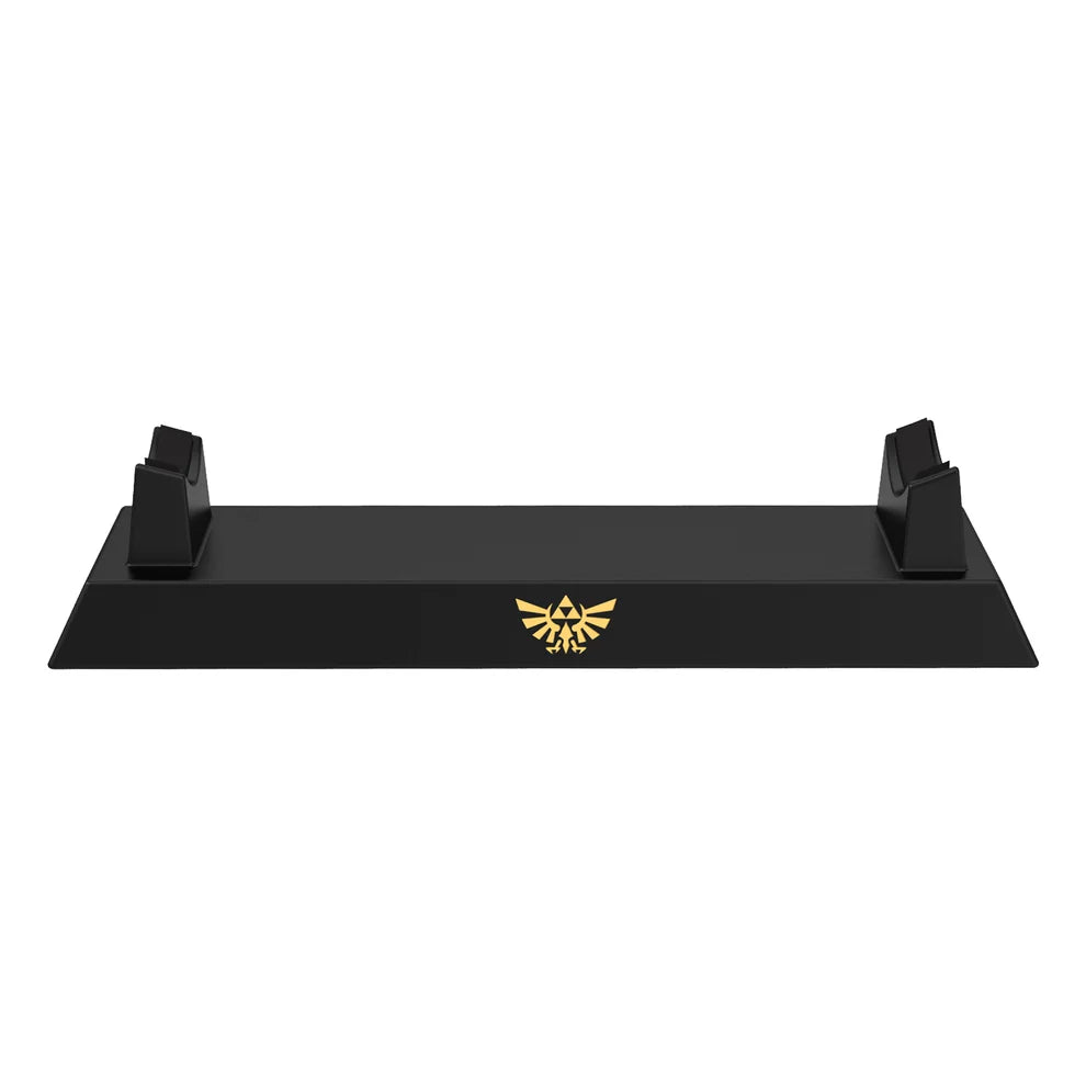 Black Hori display stand with gold Hylian Crest emblem for Ocarina controller