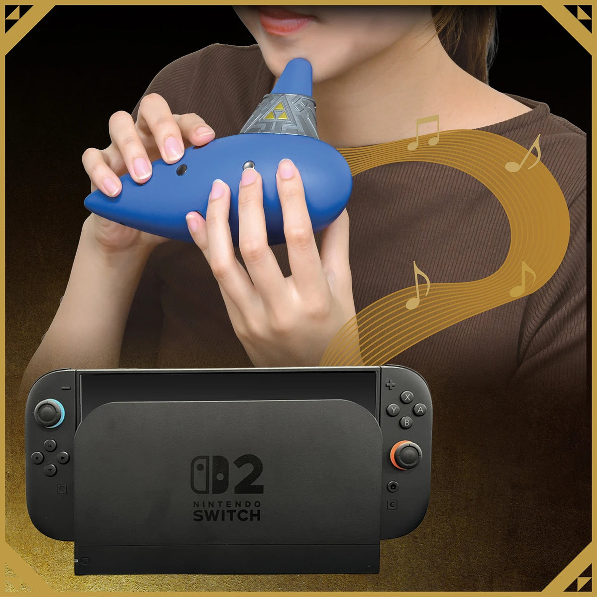 Person playing Hori Electric Ocarina of Time above Nintendo Switch 2 console
