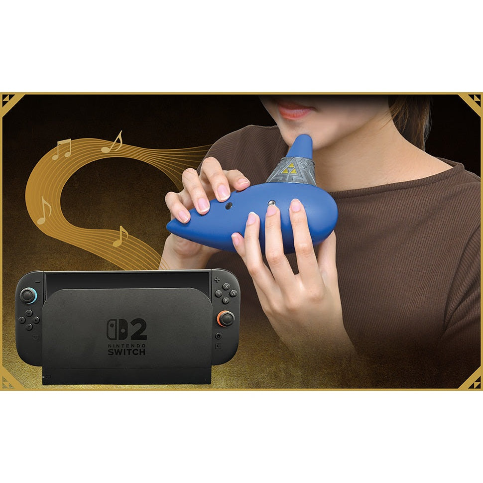 Blue Hori Electric Ocarina of Time controller held above Nintendo Switch 2 dock