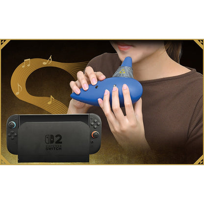 Blue Hori Electric Ocarina of Time controller held above Nintendo Switch 2 dock