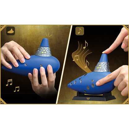 Hands playing Hori Electric Ocarina of Time controller on display stand