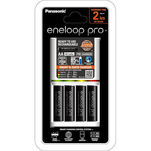 Panasonic Eneloop AA & AAA Battery Quick Charger + 4 AA Eneloop Pro Batteries (K-KJ55HCC4TA)