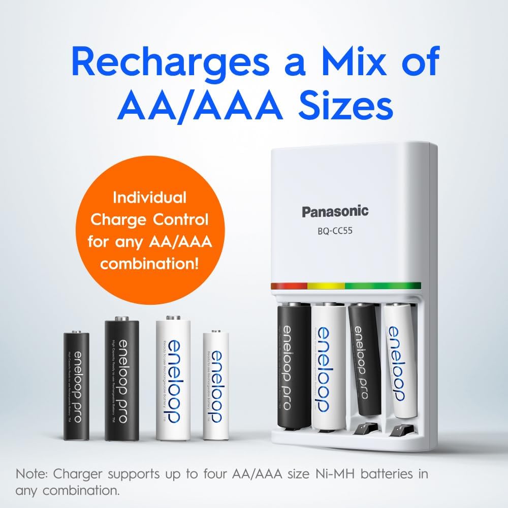 Panasonic Eneloop AA & AAA Battery Quick Charger + 4 AA Eneloop Pro Batteries (K-KJ55HCC4TA)