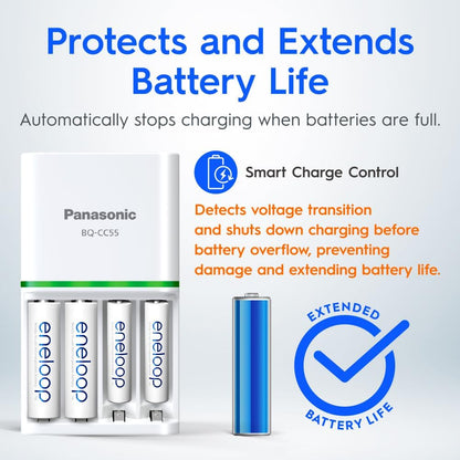 Panasonic Eneloop AA & AAA Battery Quick Charger + 4 AA Eneloop Pro Batteries (K-KJ55HCC4TA)