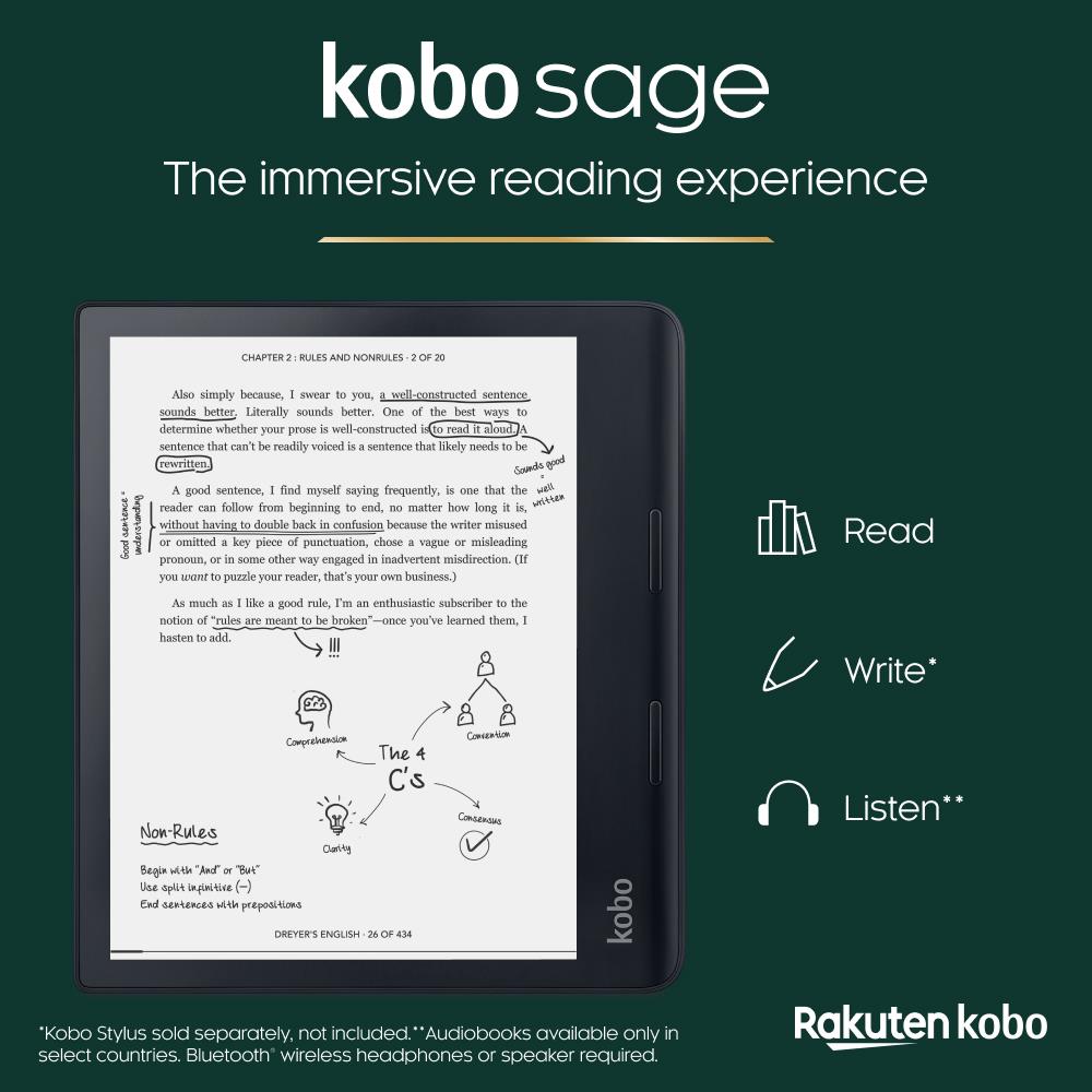 Kobo Sage 8" eReader | HD 32GB Carta Display Touchscreen & Comfort Light (Black)
