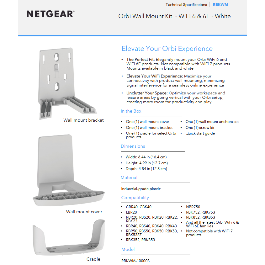 Netgear RBKWM-10000S Orbi Wall Mount Kit for Orbi WiFi 6 6E Systems