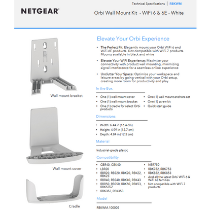 Netgear RBKWM-10000S Orbi Wall Mount Kit for Orbi WiFi 6 6E Systems