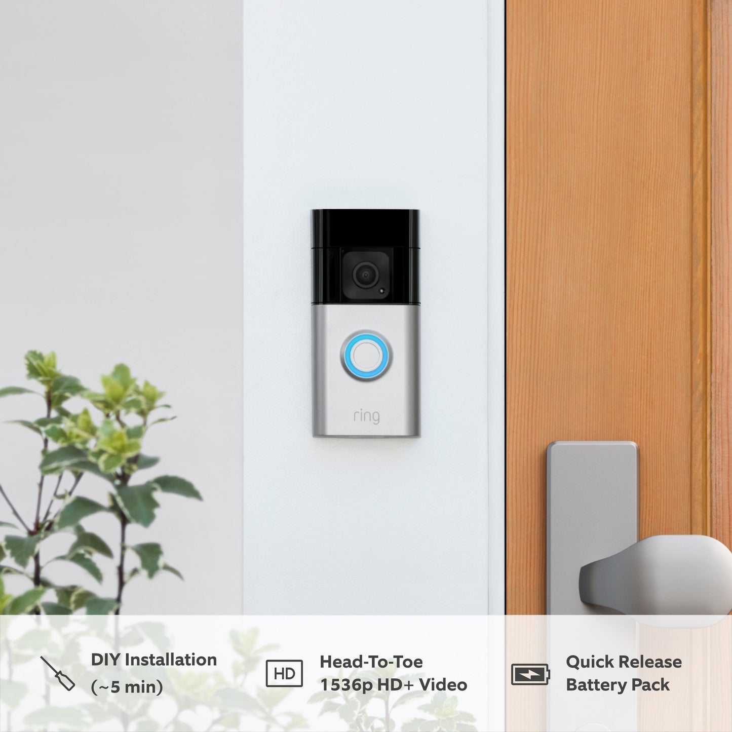 Ring Wireless Video Doorbell Plus HD 1536p with 2nd Gen Chime - Bundle B0BFJNDSJR Satin Nickel/White