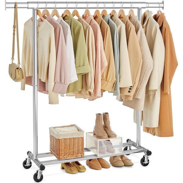 Songmics Heavy-Duty Metal Garment Rack Clothes Clothing Steel Rack with Wheels Silver