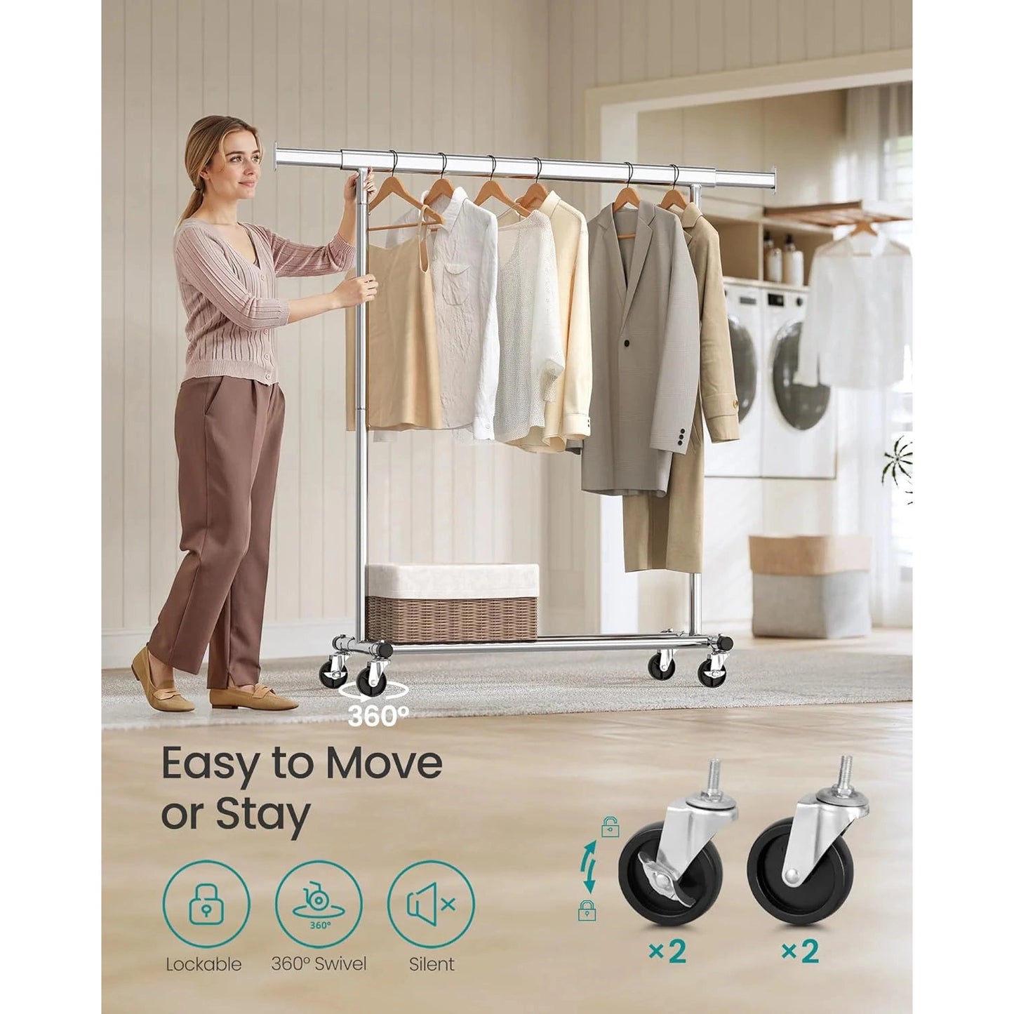 Songmics Heavy-Duty Metal Garment Rack Clothes Clothing Steel Rack with Wheels (Silver)