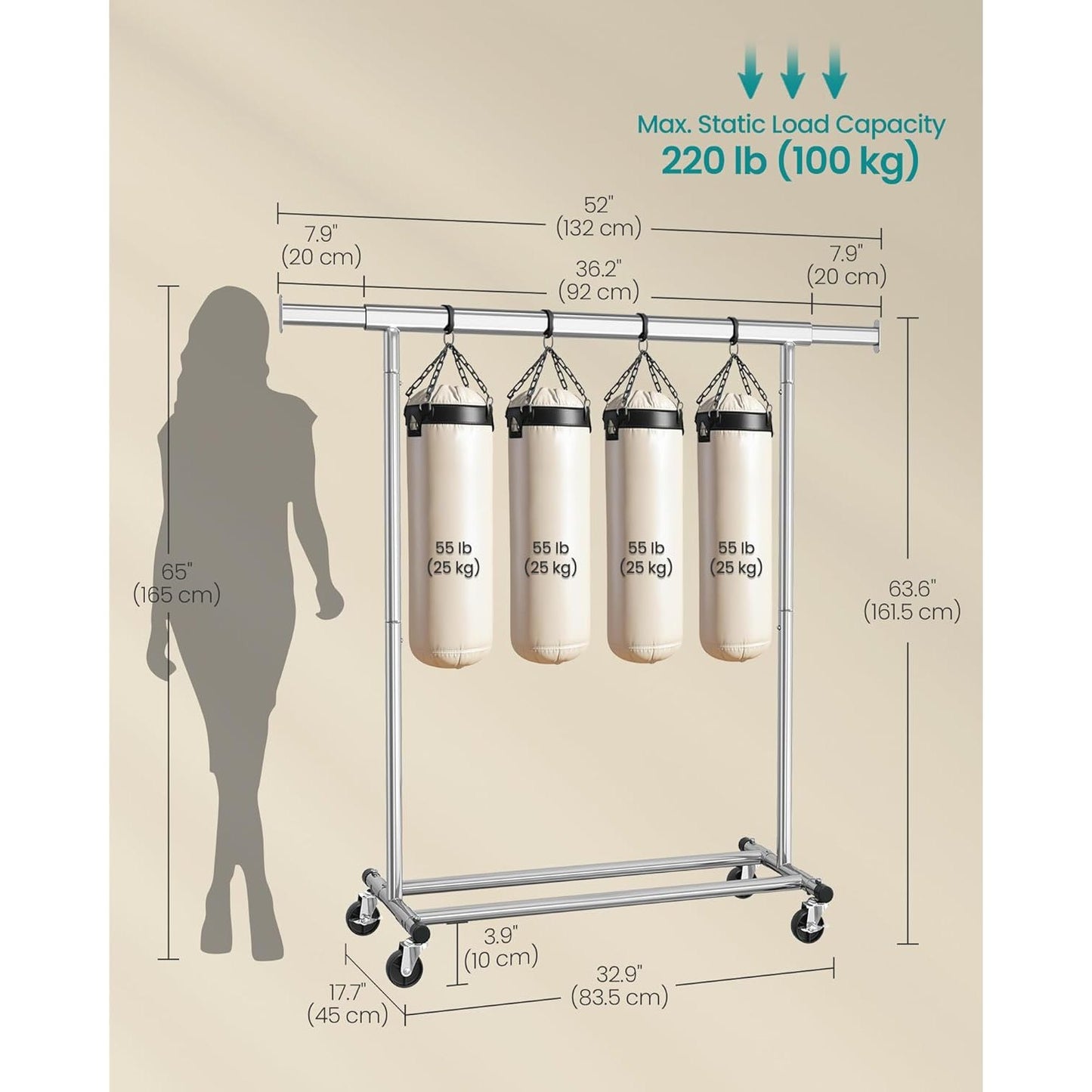 Songmics Heavy-Duty Metal Garment Rack Clothes Clothing Steel Rack with Wheels (Silver)