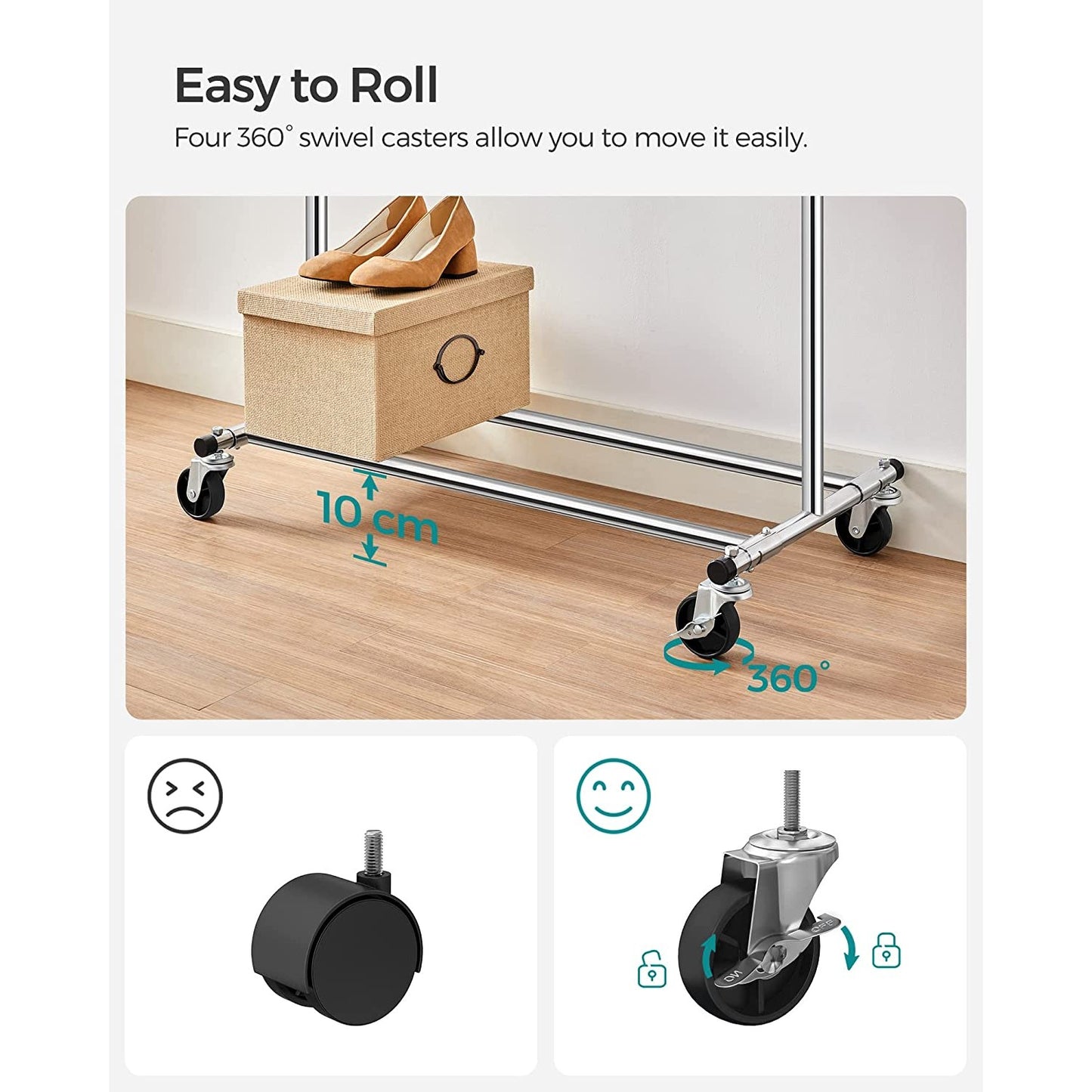 Songmics Heavy-Duty Metal Garment Rack Clothes Clothing Steel Rack with Wheels (Silver)