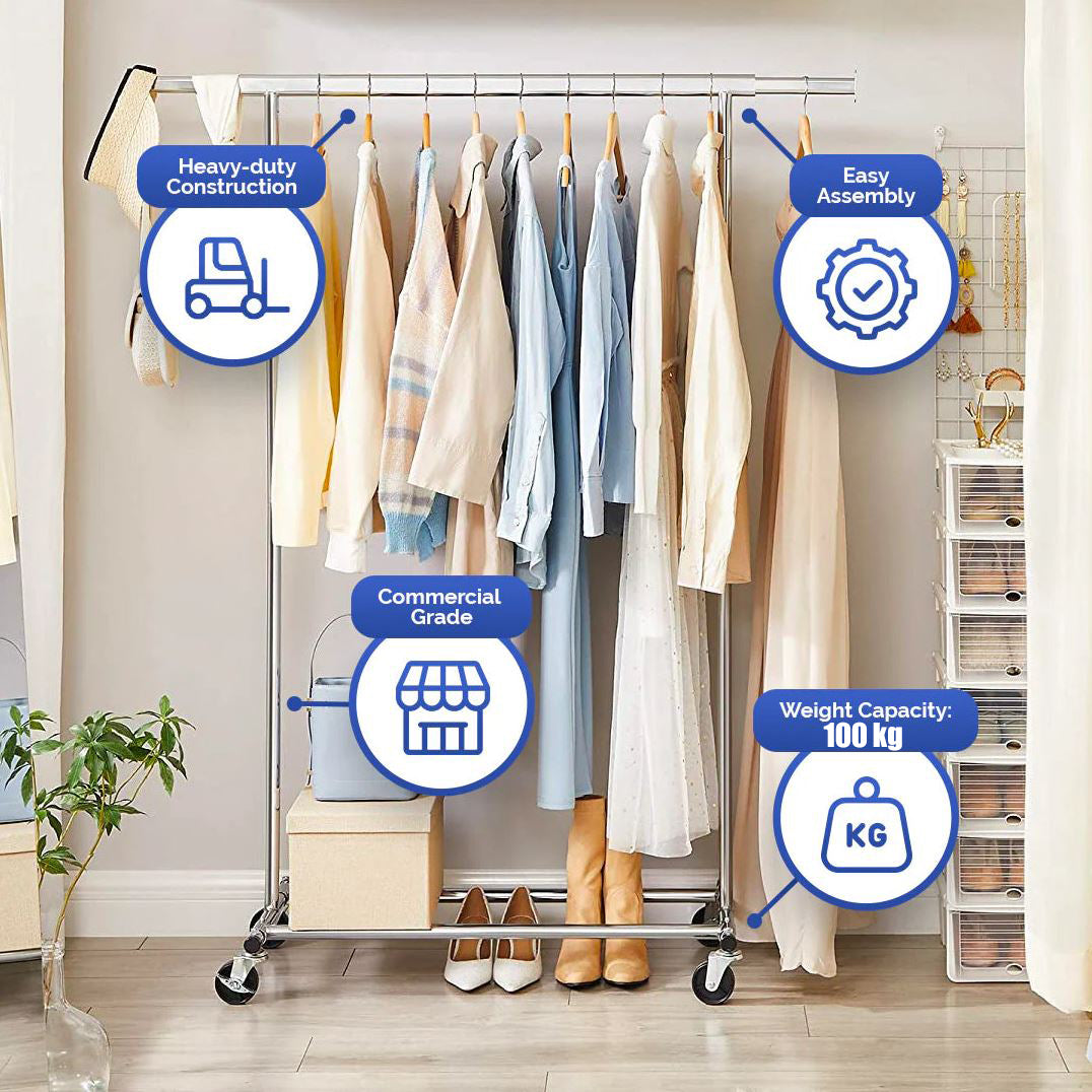 Songmics Heavy-Duty Metal Garment Rack Clothes Clothing Steel Rack with Wheels (Silver)