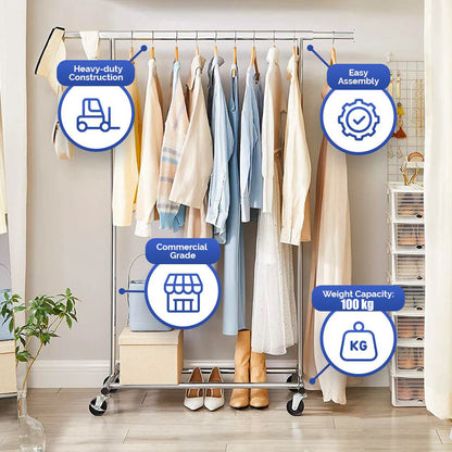 Songmics Heavy-Duty Metal Garment Rack Clothes Clothing Steel Rack with Wheels (Silver)