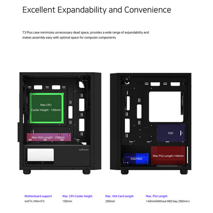 Zalman T3 Plus mATX Mini Tower PC Case with Tempered Glass Side Panel (Black)