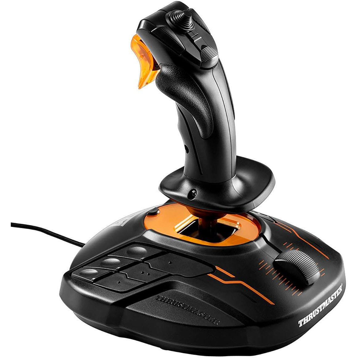 Full view of black Thrustmaster T.16000M FCS joystick with action buttons and rotation dial