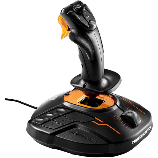 Full view of black Thrustmaster T.16000M FCS joystick with action buttons and rotation dial