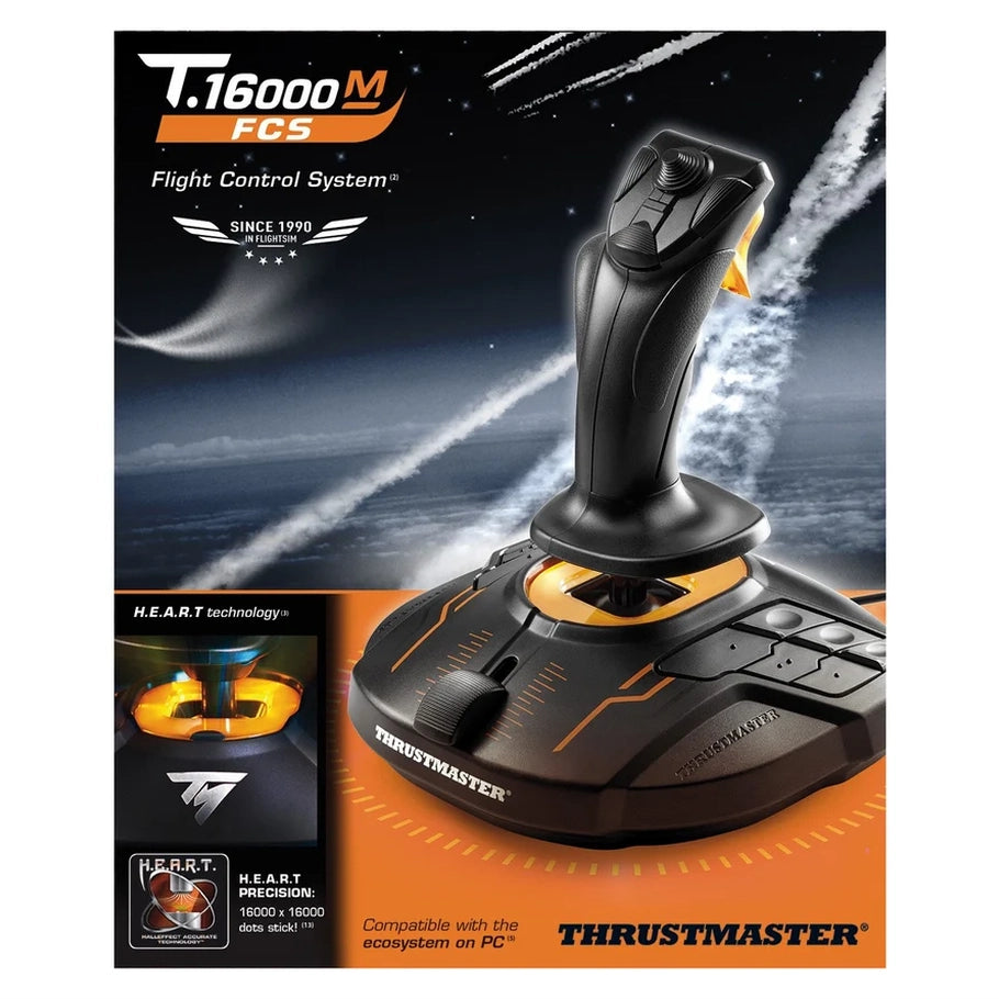 Promotional graphic of Thrustmaster T.16000M FCS joystick with H.E.A.R.T technology logo