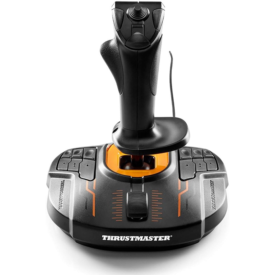 Rear three-quarter view of Thrustmaster T.16000M FCS joystick showing ergonomic handle design