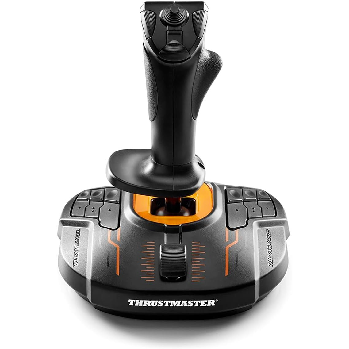 Front view of Thrustmaster T.16000M FCS flight stick with illuminated orange base ring