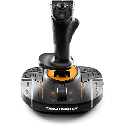 Front view of Thrustmaster T.16000M FCS flight stick with illuminated orange base ring