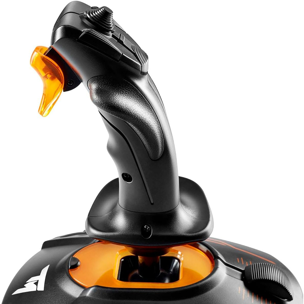 Close-up of textured grip and translucent orange throttle trigger on Thrustmaster flight stick