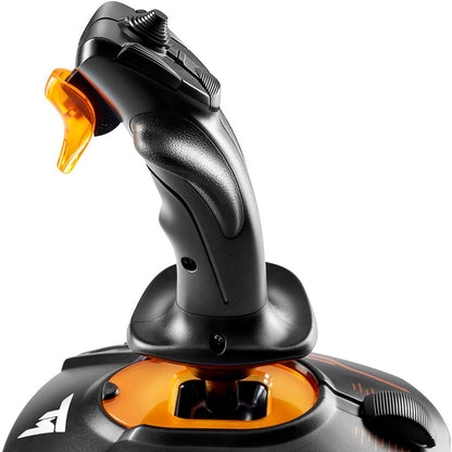 Close-up of textured grip and translucent orange throttle trigger on Thrustmaster flight stick