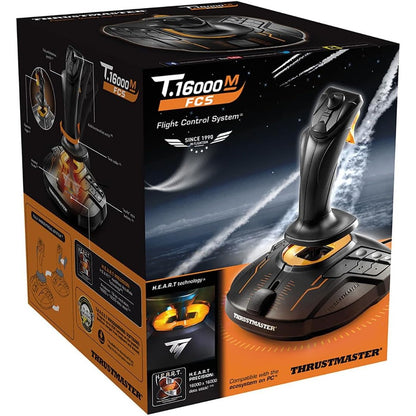 Retail packaging for Thrustmaster T.16000M FCS flight control system with PC compatibility