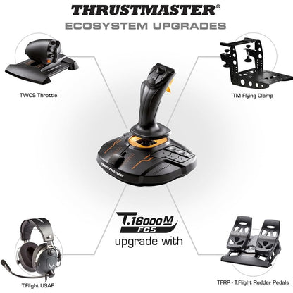 Infographic showing Thrustmaster ecosystem upgrades including TWCS Throttle and rudder pedals