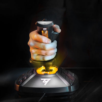 Hand gripping Thrustmaster T.16000M FCS joystick highlighting glowing orange base sensor