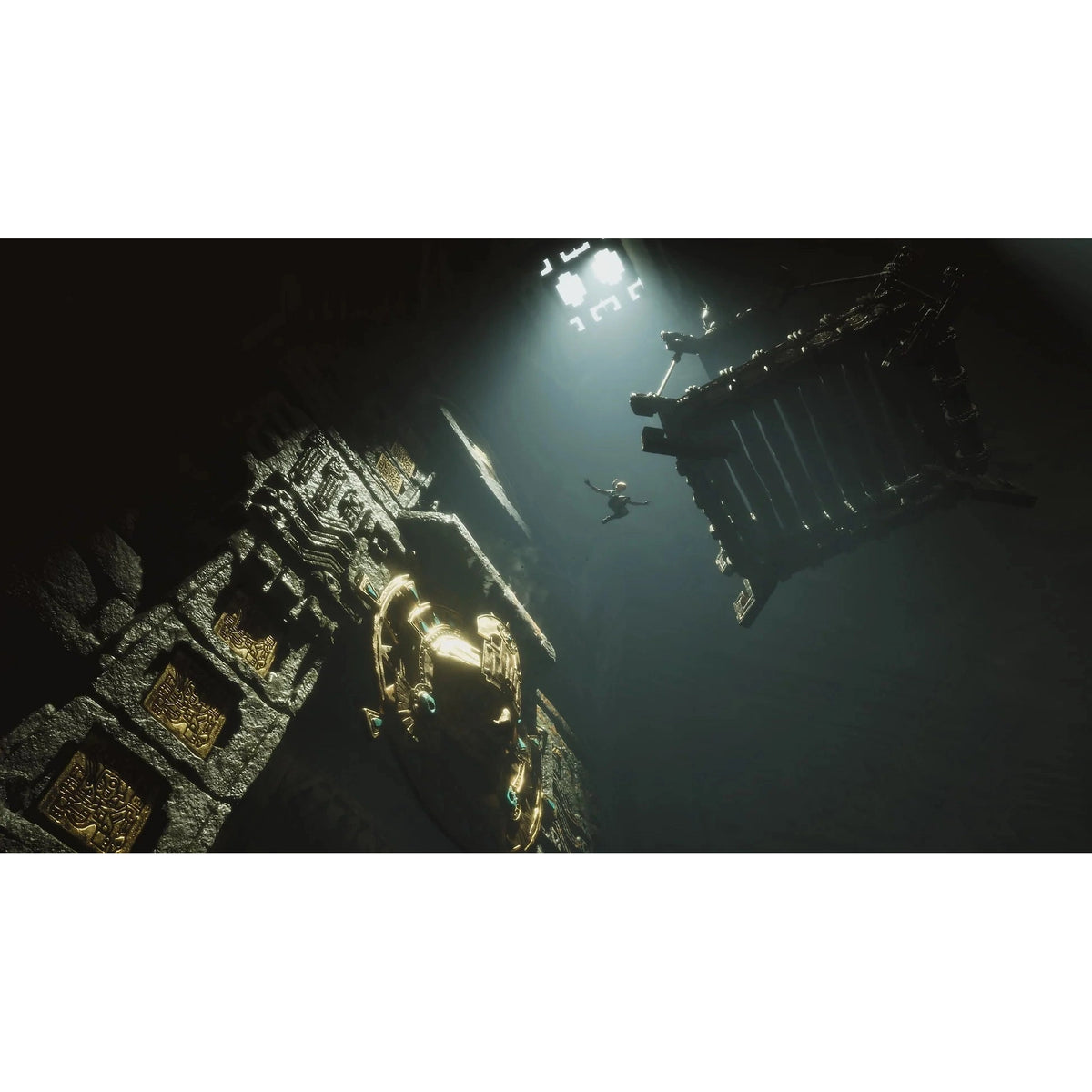 Lara Croft jumping near massive golden mask embedded in stone wall during gameplay