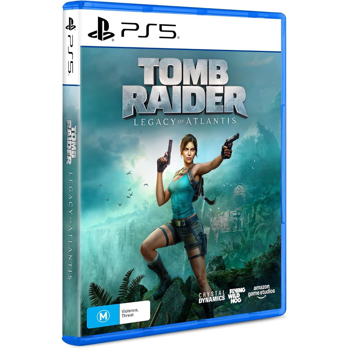 Blue PS5 game case cover for Tomb Raider Legacy of Atlantis featuring Lara Croft