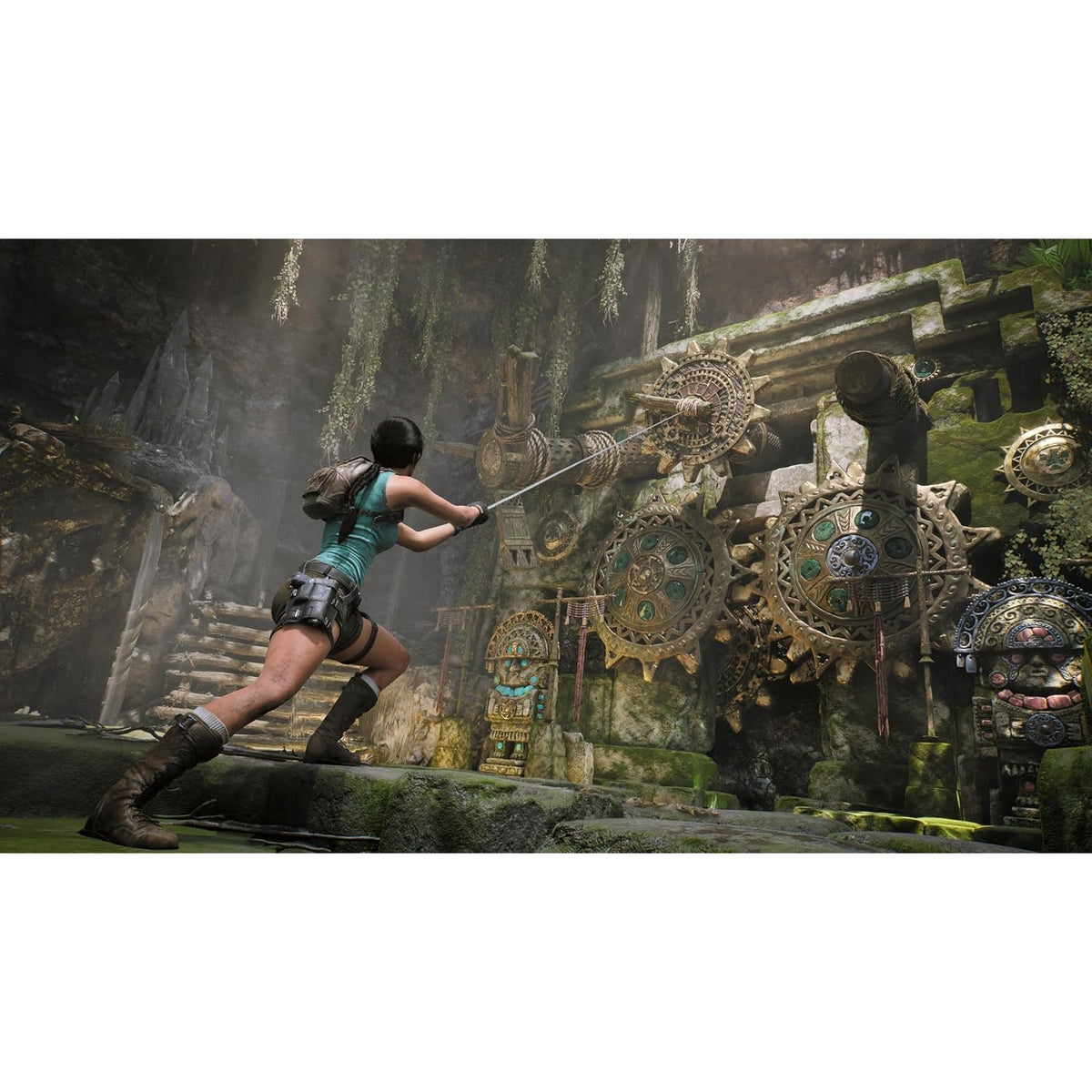 Lara Croft using grappling hook on ancient stone wall with bronze gears gameplay