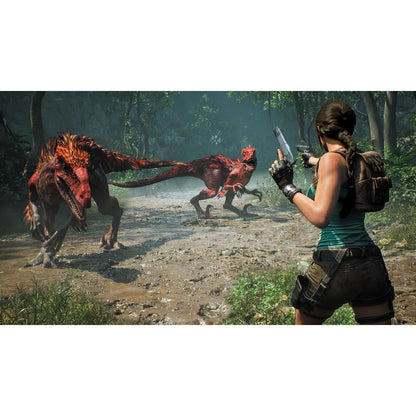 Lara Croft aiming dual handguns at dinosaur creatures in muddy jungle path gameplay