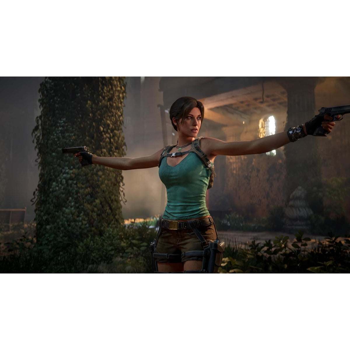 Lara Croft character portrait holding dual pistols in teal tank top and brown shorts