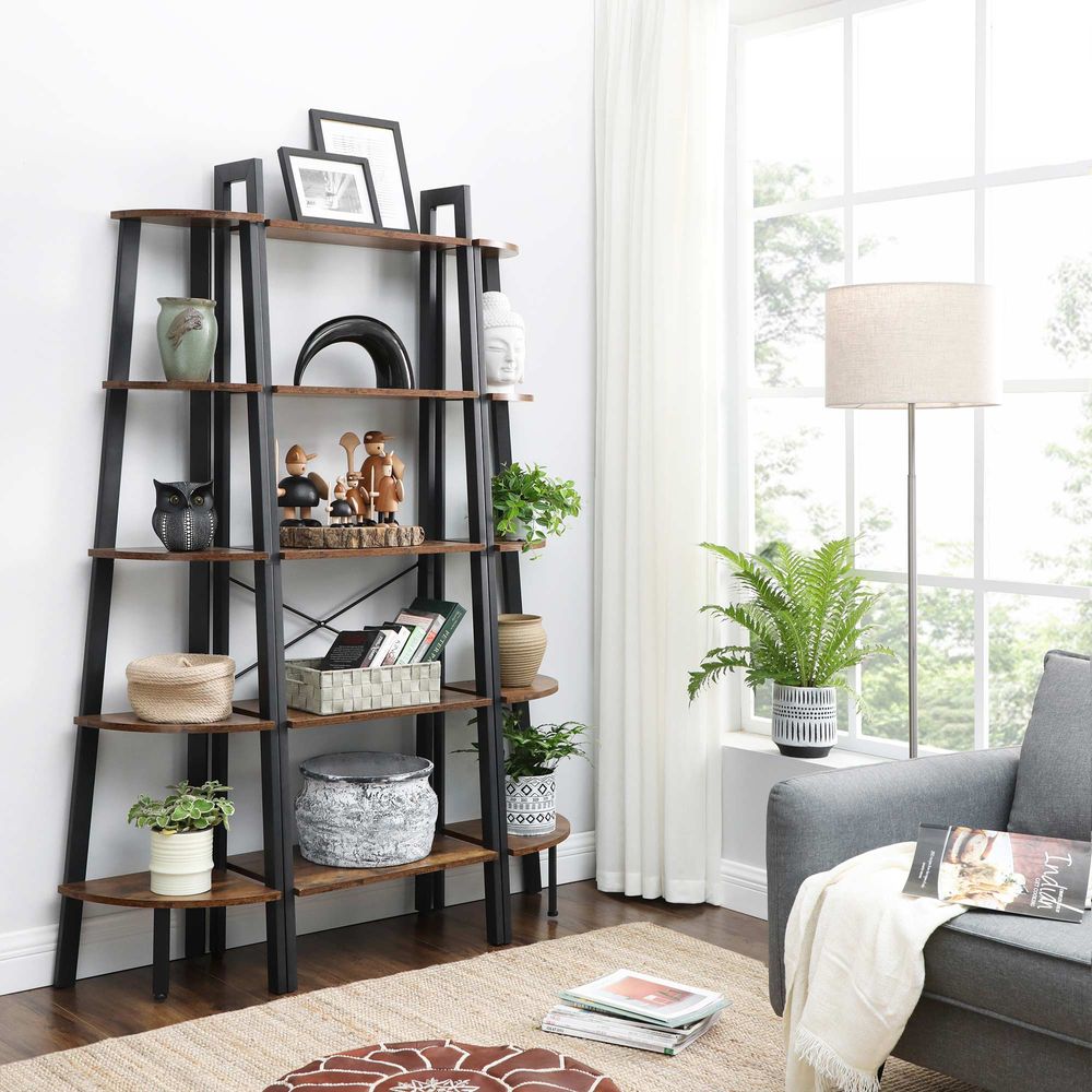 Vasagle 5-Tier Ladder Shelf Bookshelf Bookcase Storage Rack with Steel Frame (Ink Black & Rustic Brown)