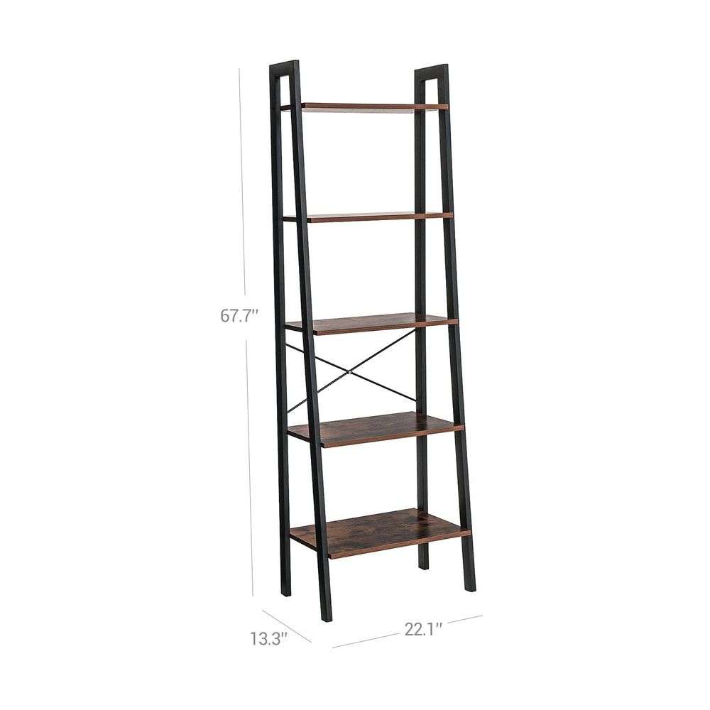 Vasagle 5-Tier Ladder Shelf Bookshelf Bookcase Storage Rack with Steel Frame (Ink Black & Rustic Brown)