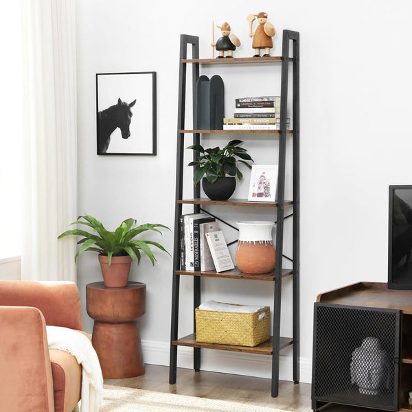 Vasagle 5-Tier Ladder Shelf Bookshelf Bookcase Storage Rack with Steel Frame Ink Black & Rustic Brown