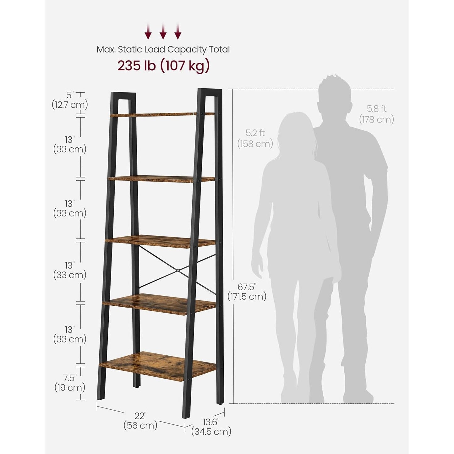 Vasagle 5-Tier Ladder Shelf Bookshelf Bookcase Storage Rack with Steel Frame (Ink Black & Rustic Brown)