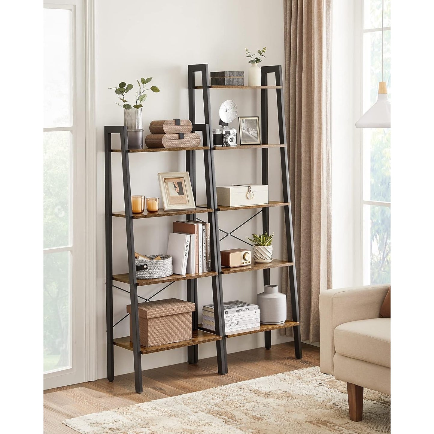 Vasagle 5-Tier Ladder Shelf Bookshelf Bookcase Storage Rack with Steel Frame (Ink Black & Rustic Brown)