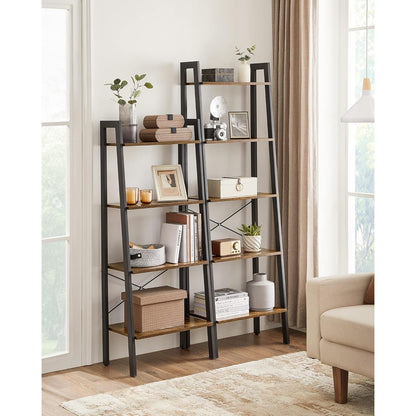 Vasagle 5-Tier Ladder Shelf Bookshelf Bookcase Storage Rack with Steel Frame (Ink Black & Rustic Brown)