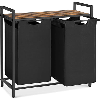 Vasagle Laundry Basket Hamper Sorter Rack with 2 Pull-Out Compartments & Storage Shelf (Ink Black & Rustic Brown)