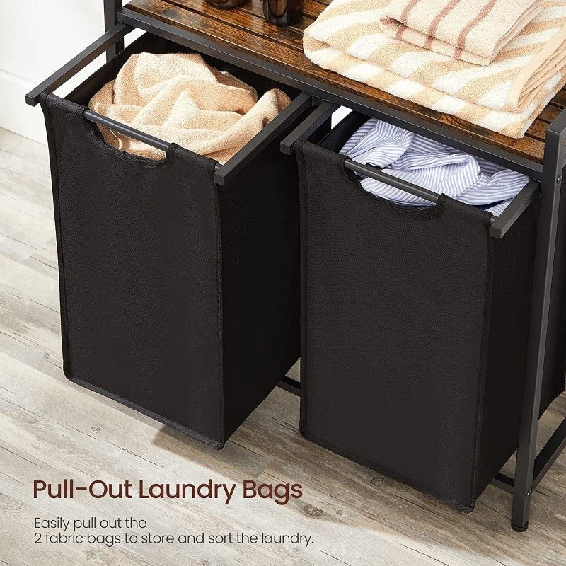 Vasagle Laundry Basket Hamper Sorter Rack with 2 Pull-Out Compartments & Storage Shelf (Ink Black & Rustic Brown)
